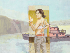 Painting by Elizabeth Tomasetti of female finger flipping us off with her ring finger in front of a mirror and a tug boat