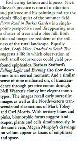 Review of PDX group show "true bearing" including prints by Nell Warren in Artweek, October 2007